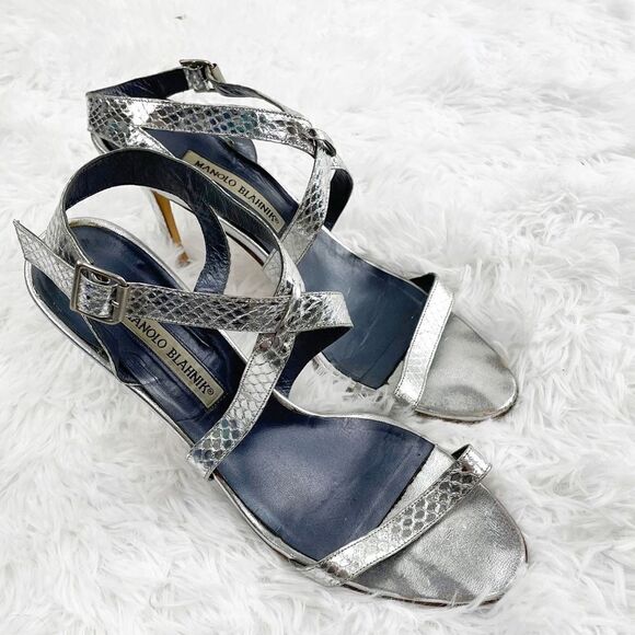 Manolo Blahnik Metallic Strappy Snakeskin Leather Heeled Sandals - Picture 1 of 11